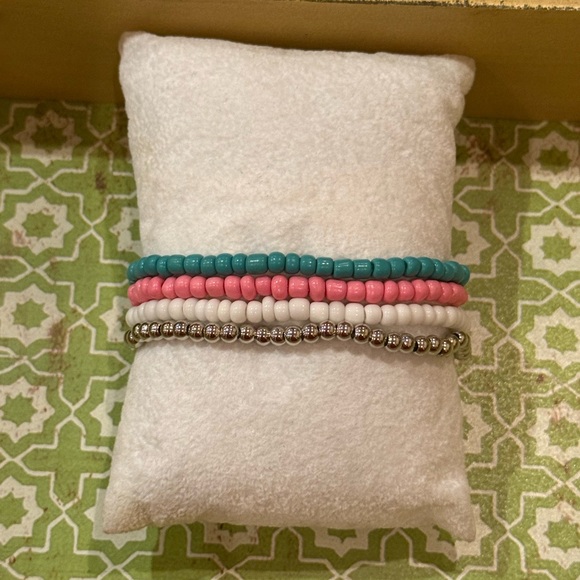 Pastel Heart Beaded Stretch Bracelet Stack โ Teal, Pink & White โ 4 Piece Set - Picture 3 of 9
